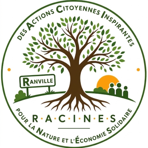 Logo de l'association RACINES, un arbre aux racines visibles au-dessus du nom du village de Ranville